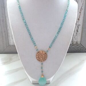 Ship Wheel Moon Phase necklace. Aqua Chalcedony & blue apatite Necklace.